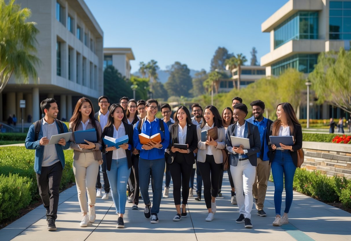 A group of diverse college students smiling and talking outdoors on a university campus with modern buildings and trees in the background.