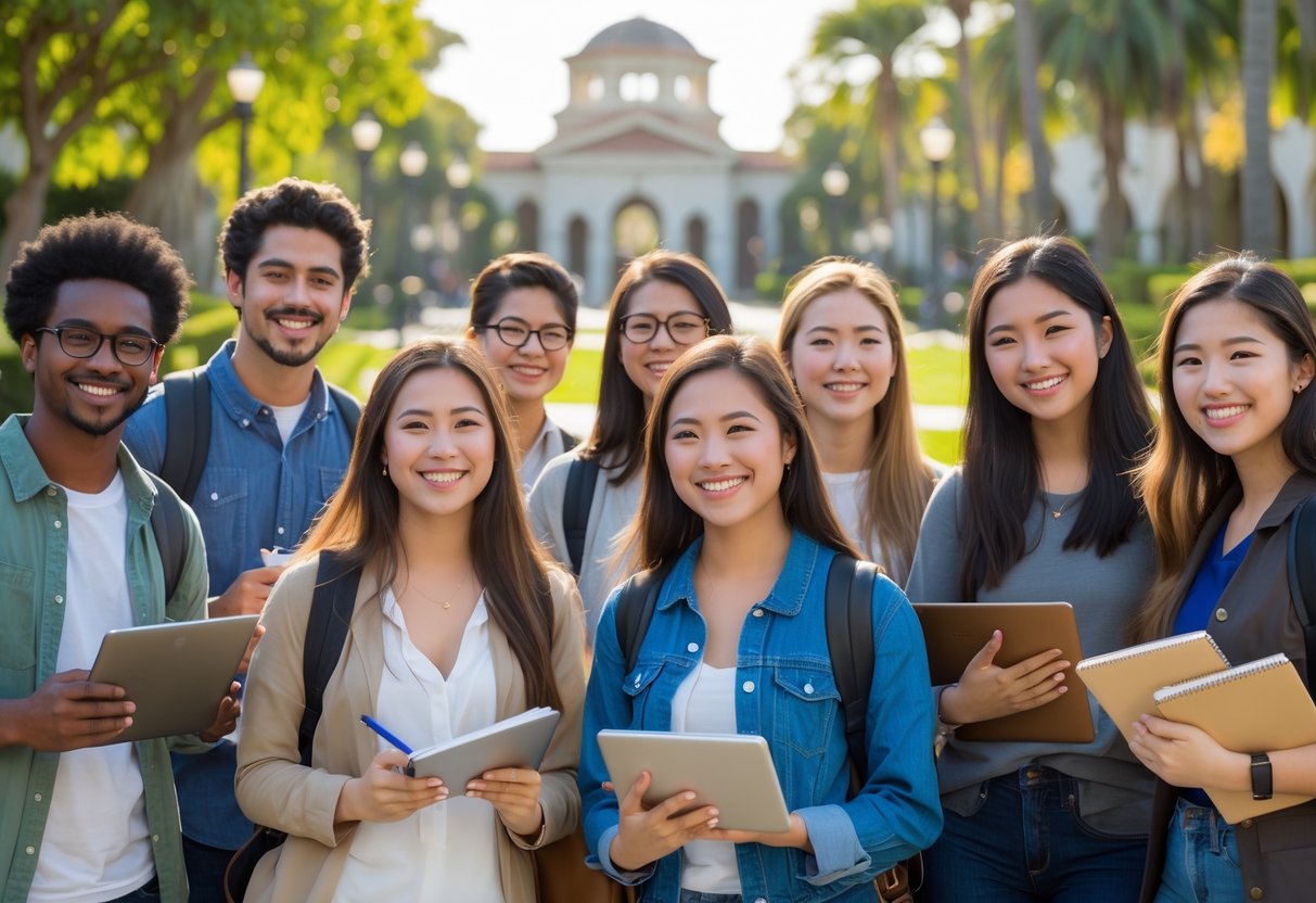 A group of diverse college students studying together outdoors on a university campus with greenery and buildings in the background.