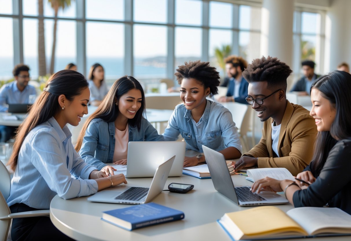 A group of diverse graduate students studying together in a bright university study room with laptops and books on the table.