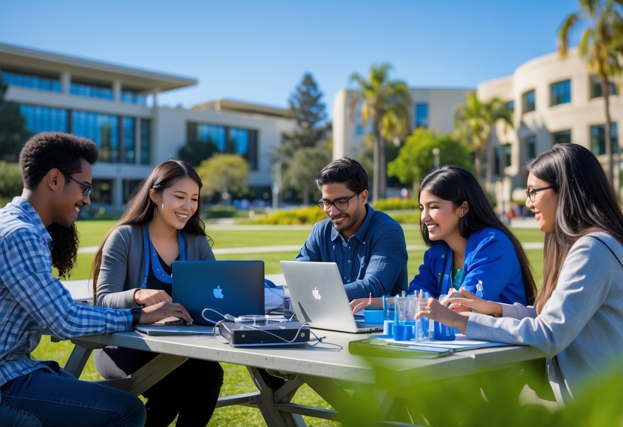 A group of graduate students working together outdoors on a university campus with modern buildings and greenery in the background.