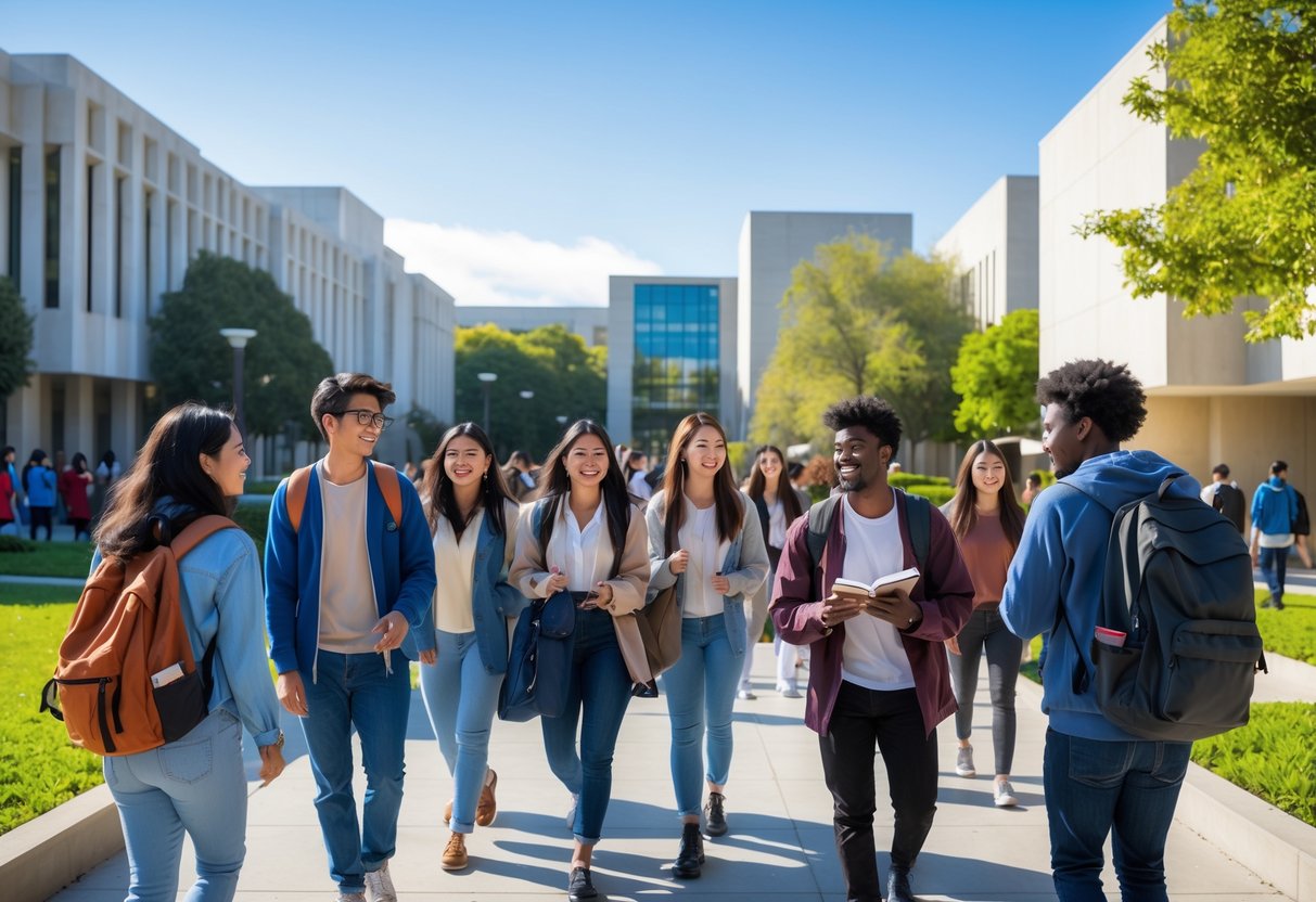 A group of diverse undergraduate students walking and talking on a university campus with modern buildings and greenery in the background.