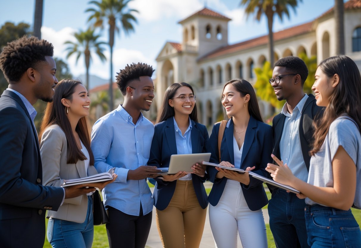 A group of diverse university students talking and studying together outdoors on a sunny day at the University of California Santa Barbara campus.