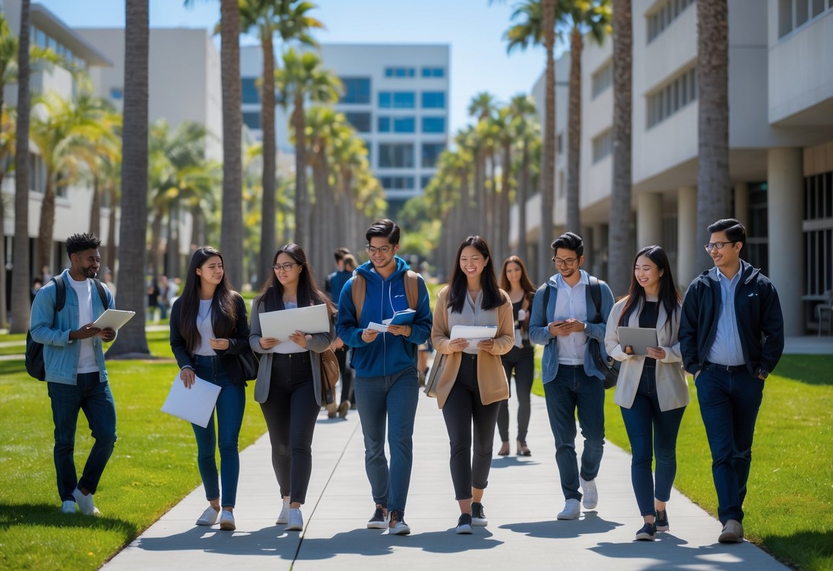 A group of diverse graduate students studying and collaborating outdoors on a university campus with modern buildings and palm trees in the background.