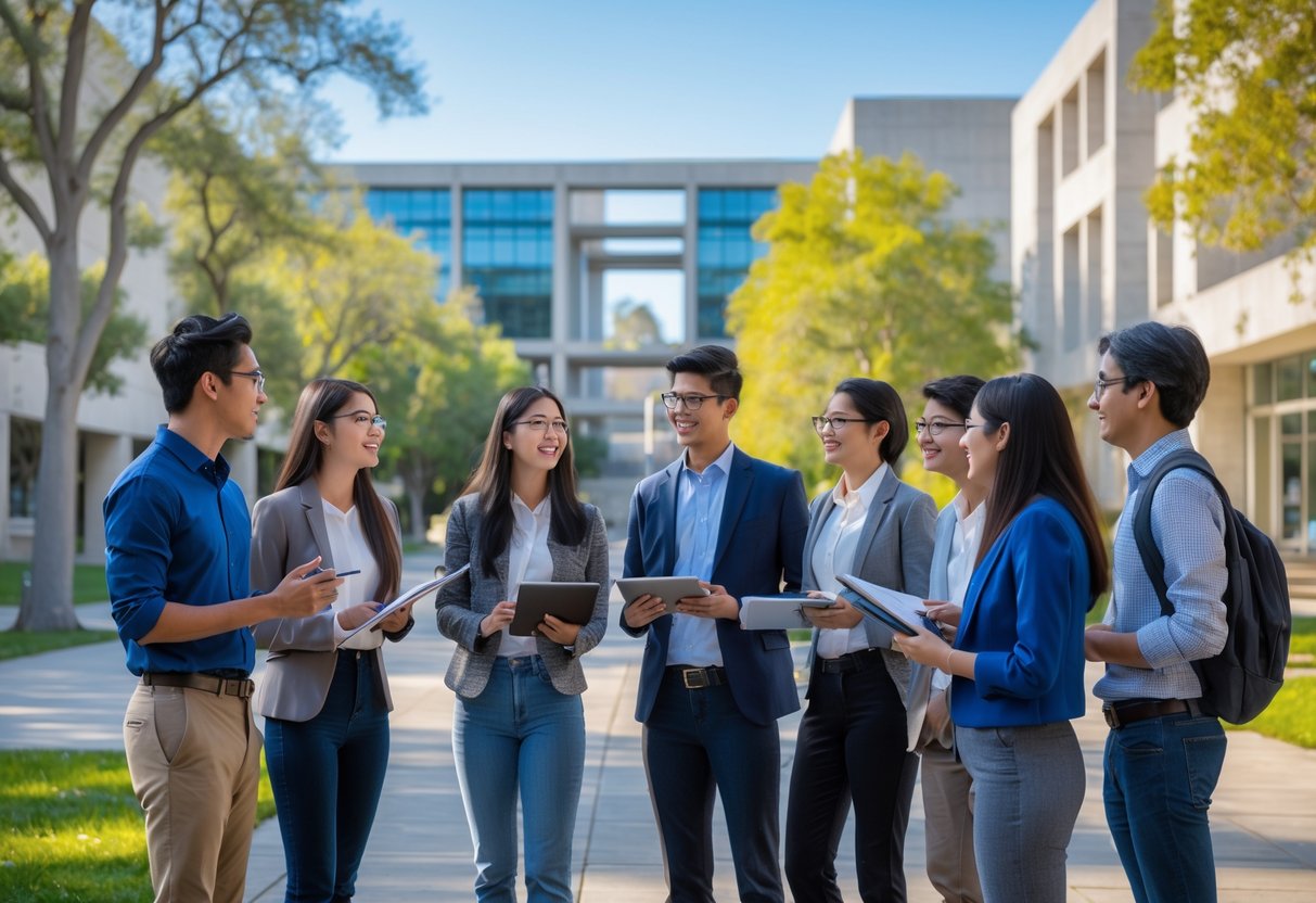A group of diverse graduate students discussing outdoors on a university campus with modern buildings and trees in the background.