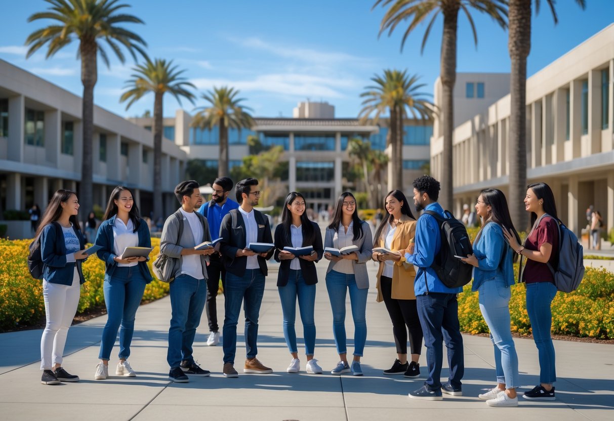 A diverse group of university students studying and talking together outdoors on a sunny university campus with modern buildings and palm trees in the background.