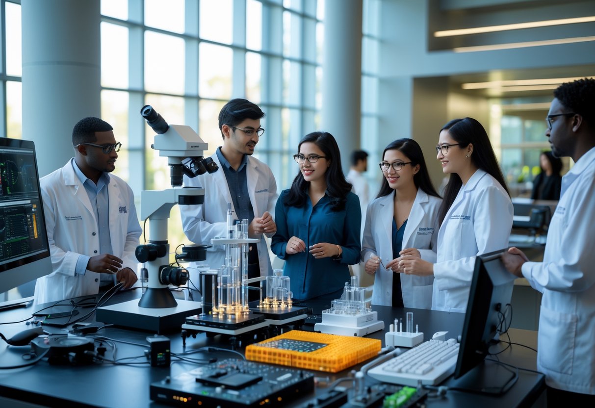 A group of graduate students collaborating in a modern laboratory with scientific equipment and engineering models.