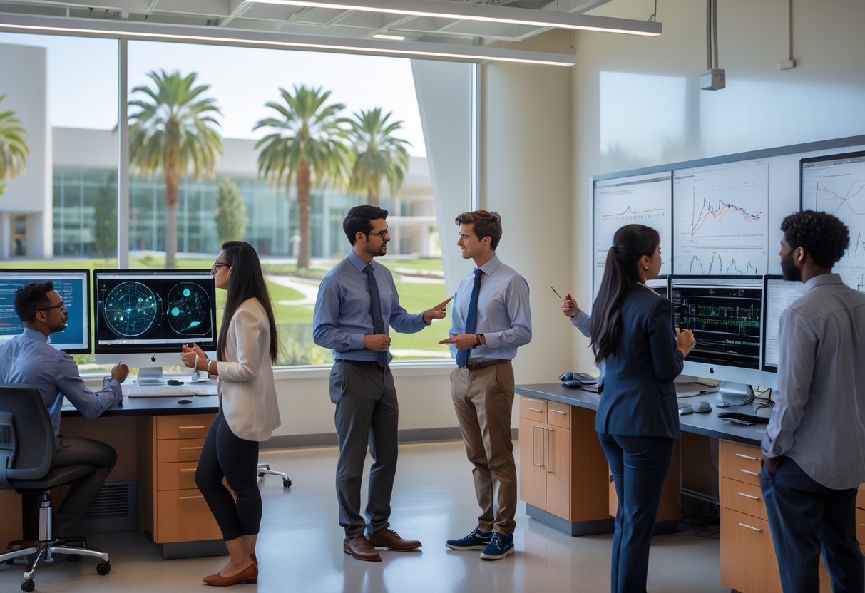 A group of graduate students working together on computers in a bright university research lab with large windows and campus views.