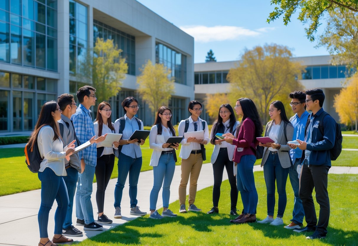 A group of diverse young scientists and students collaborating outdoors on a university campus with modern buildings and greenery in the background.