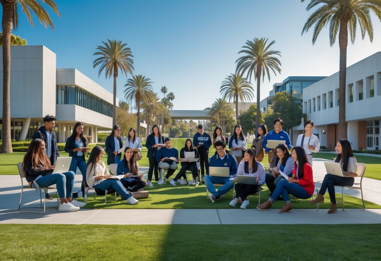 A diverse group of university students studying and talking together outside on a sunny college campus with modern buildings and palm trees.