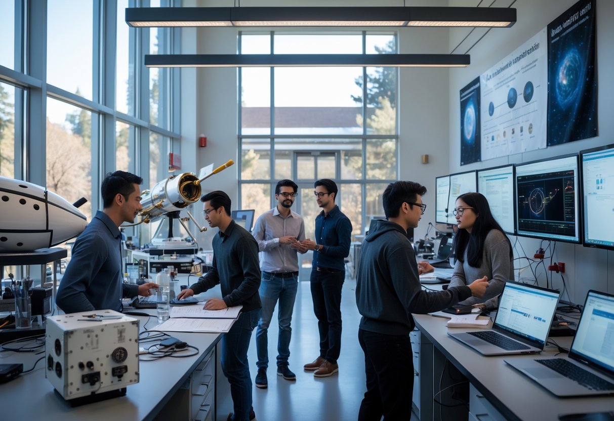 A group of graduate students working together in a bright laboratory with space research equipment and computers at the California Institute of Technology.