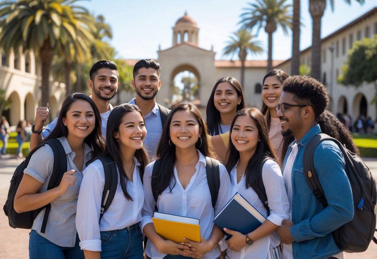 A group of Hispanic college students smiling and talking together on a university campus with buildings and palm trees in the background.