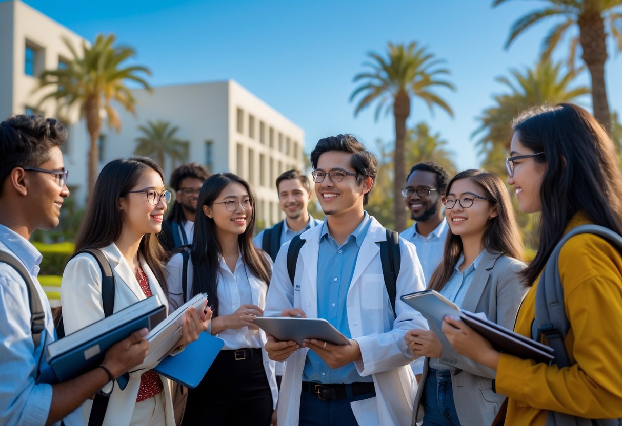 A diverse group of graduate students discussing and working together outside on a university campus with modern buildings and palm trees.