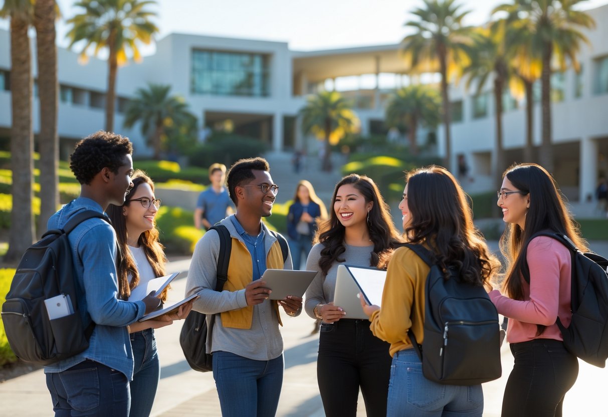A group of diverse university students studying and talking together outdoors on a sunny day at a university campus.