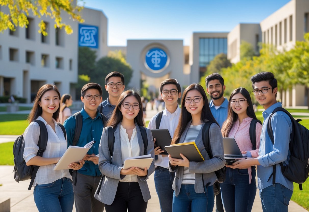 A group of diverse students studying together outdoors on a university campus with modern buildings and greenery around them.