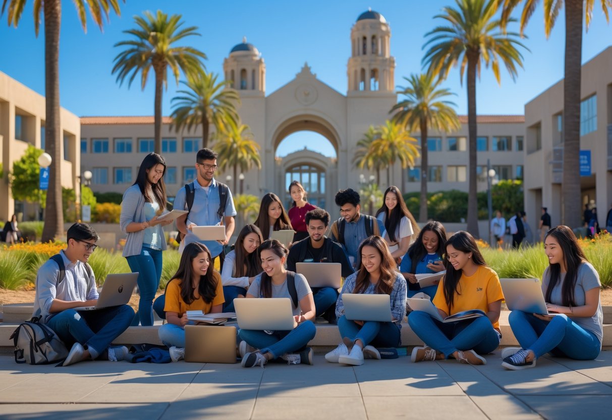 A group of diverse college students studying and collaborating outdoors on a university campus with modern buildings and palm trees in the background.