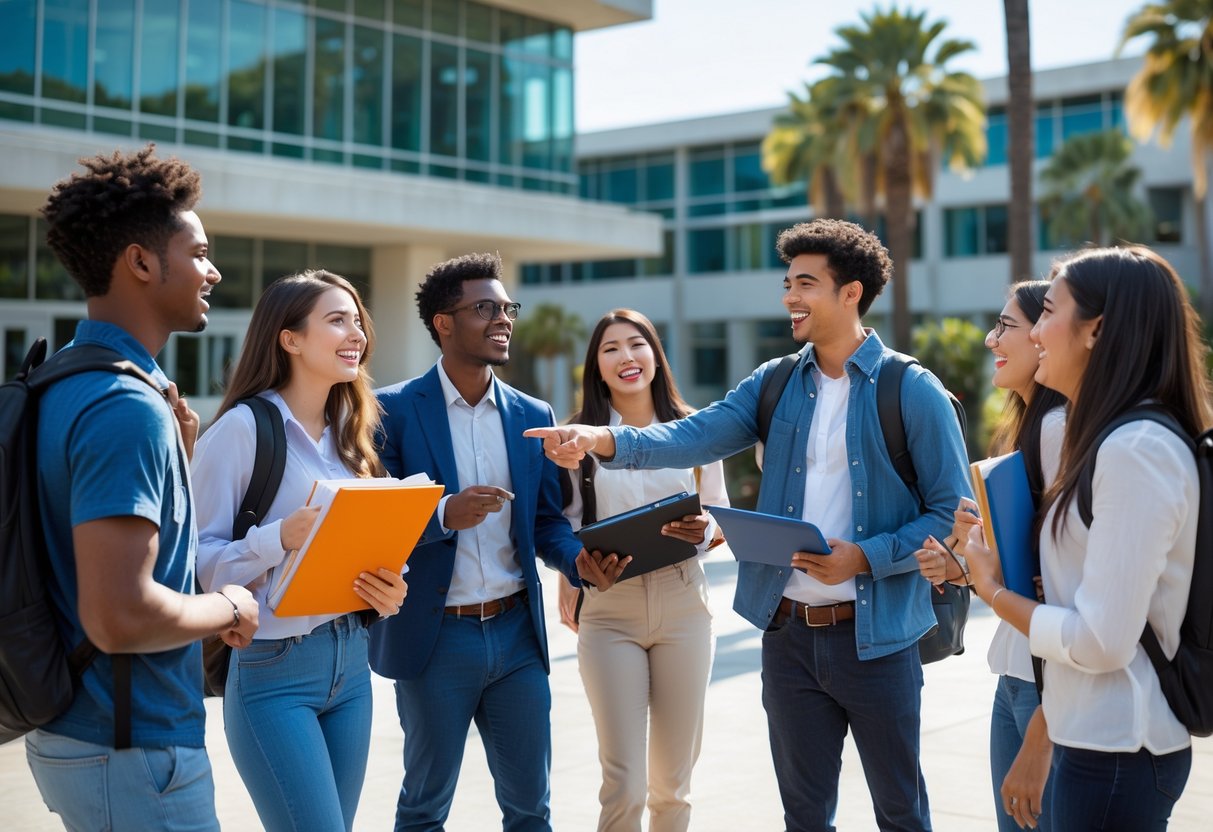A group of diverse university students smiling and talking outdoors on a sunny day at a university campus with modern buildings and palm trees.