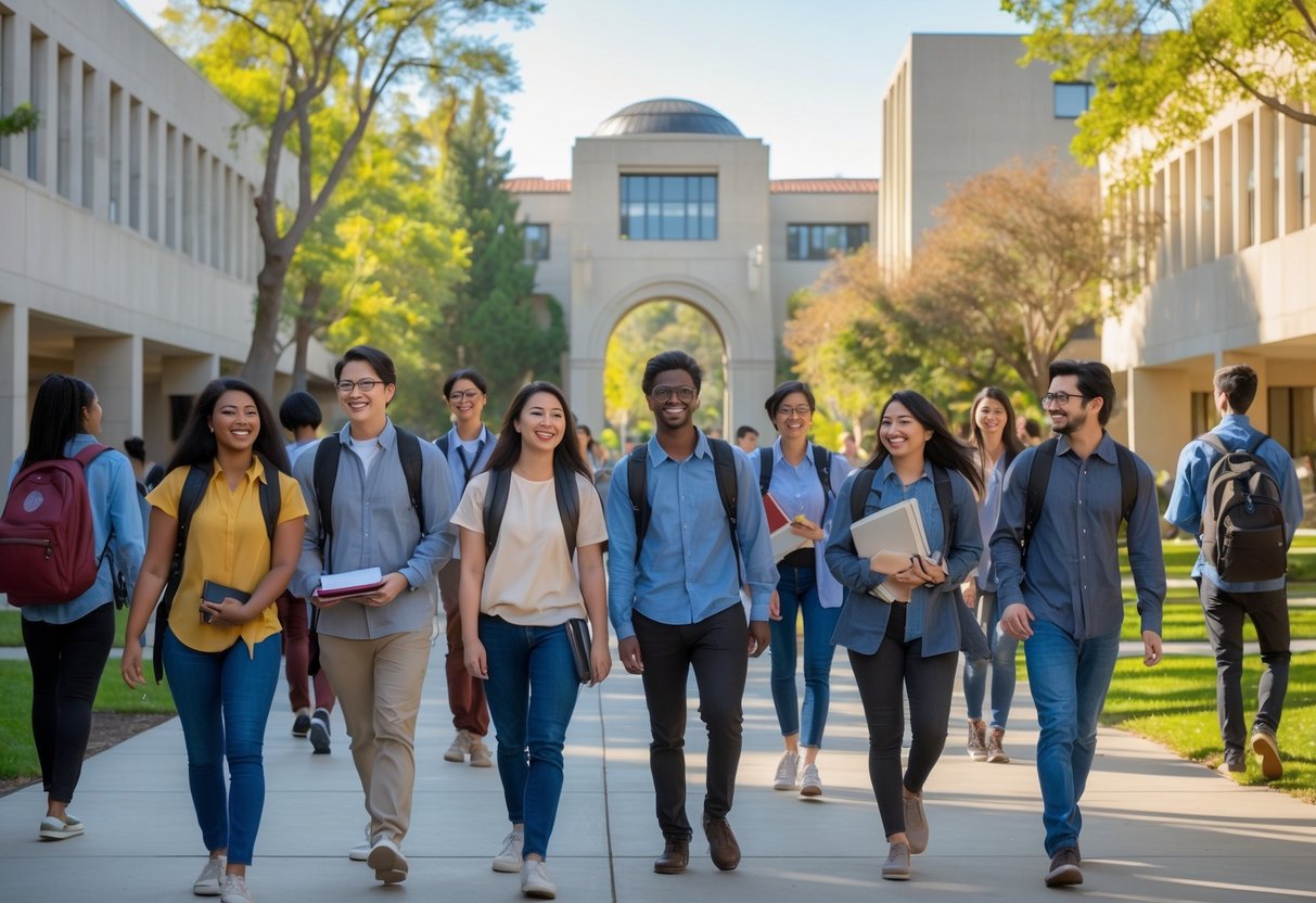 A group of diverse college students walking and talking on a sunny university campus with modern buildings and green trees around them.