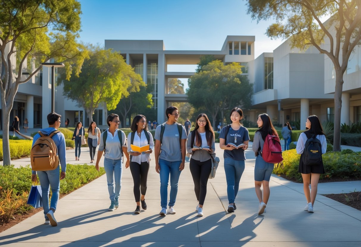 Diverse college students walking and studying on a sunny university campus with modern buildings and green trees.