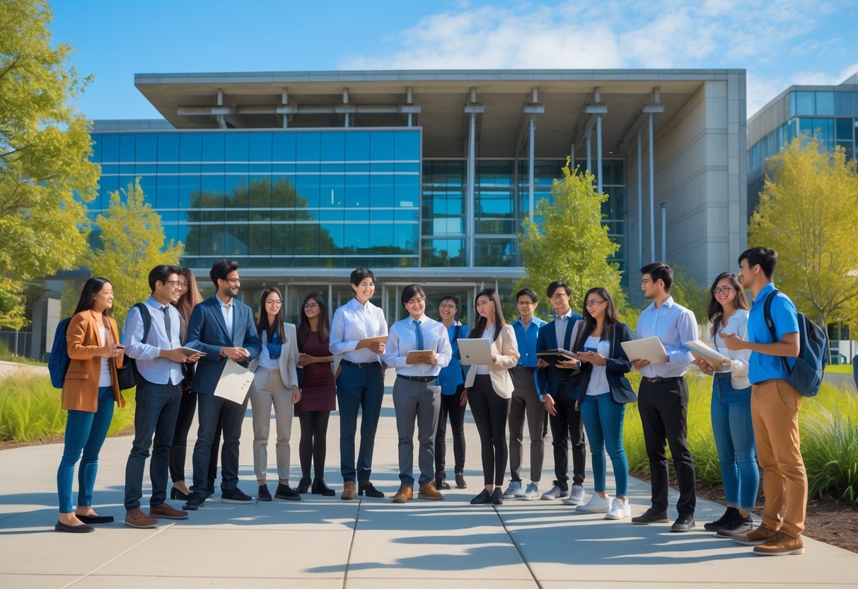 A diverse group of young researchers and students outside a modern university building, engaged in discussion with notebooks and laptops on a sunny day.
