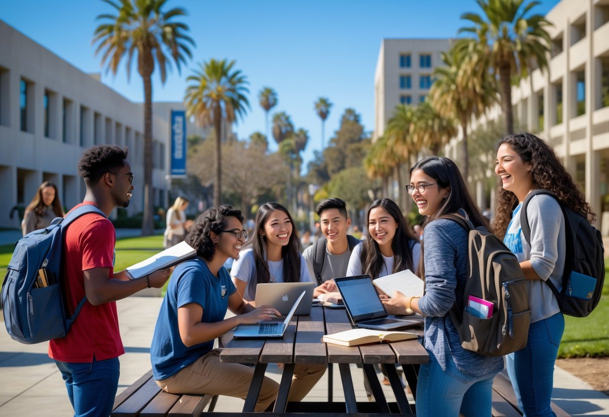 A group of diverse college students studying together outdoors on a sunny university campus with modern buildings and palm trees in the background.