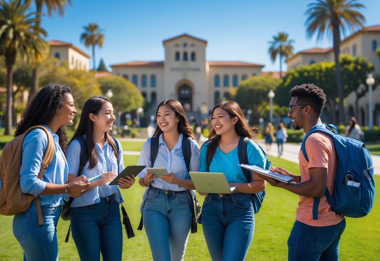 A group of diverse college students studying and talking together outdoors on a sunny day at a university campus with palm trees and buildings in the background.