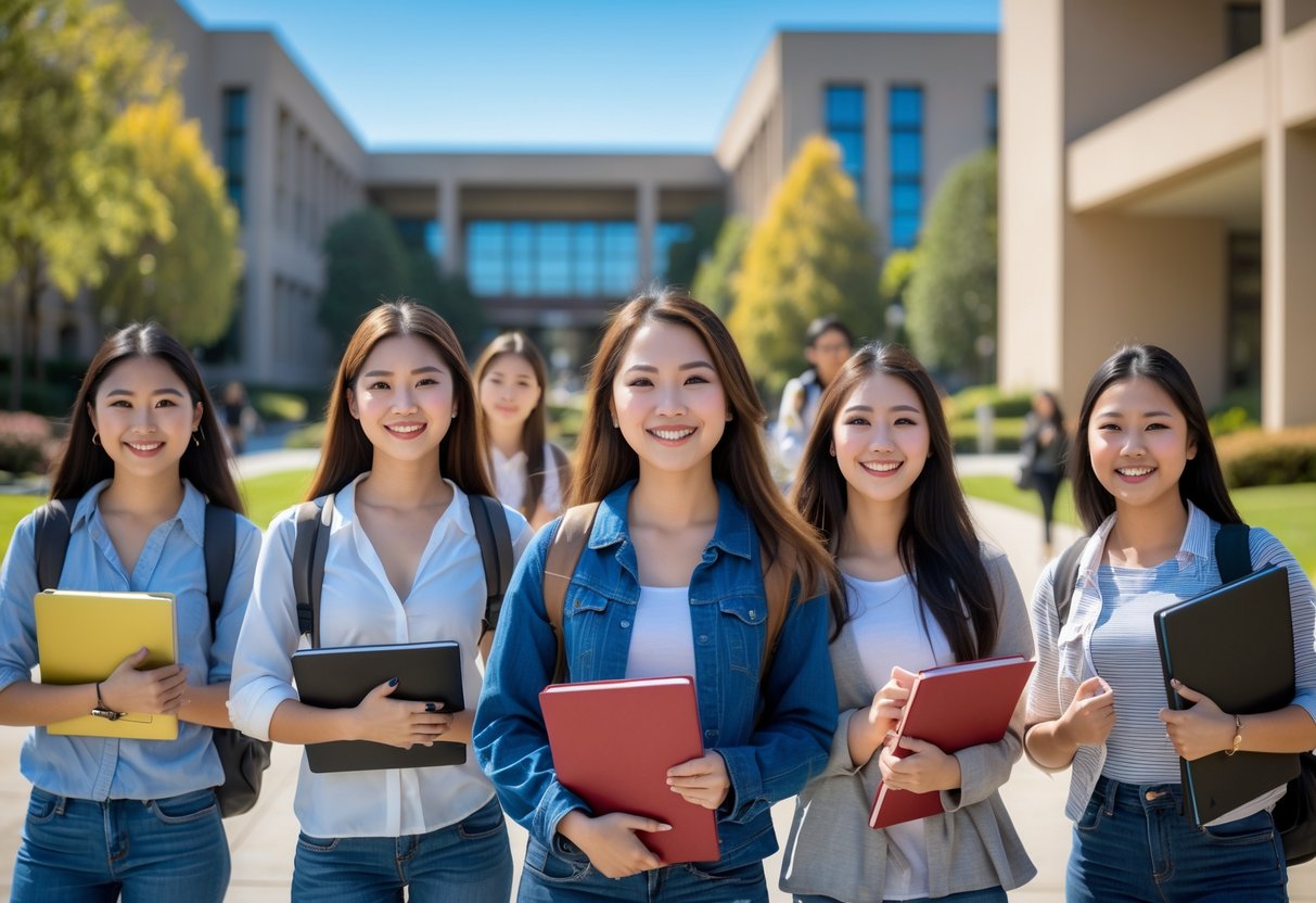A group of diverse young women students studying together outdoors on a university campus with modern buildings and greenery.
