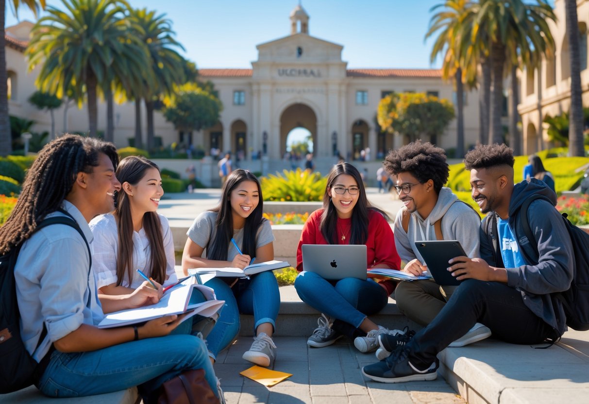 A group of diverse university students studying together outdoors on a sunny day at the University of California Santa Barbara campus.