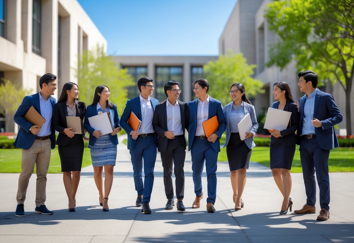 A group of diverse graduate students smiling and talking outdoors on a sunny day at a university campus.