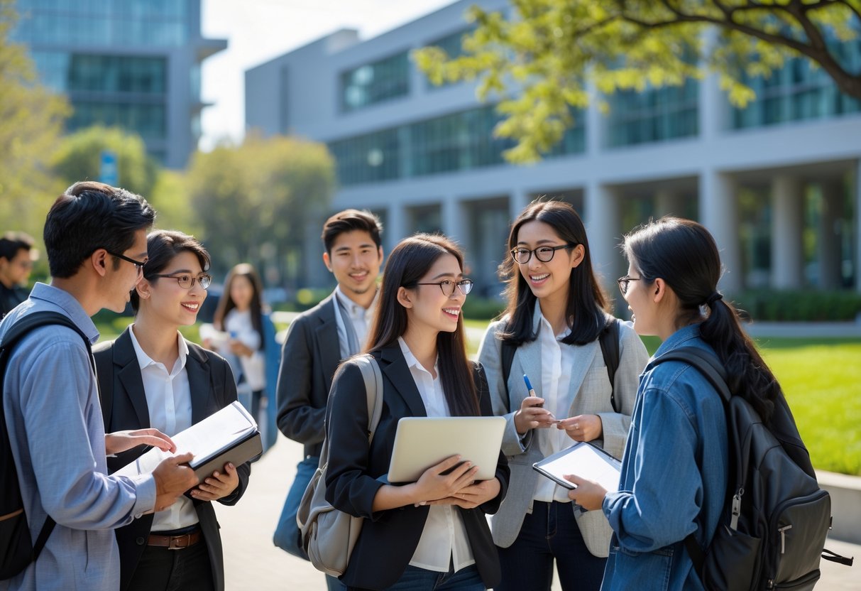 A group of diverse graduate students collaborating outdoors on a university campus with modern buildings and greenery in the background.