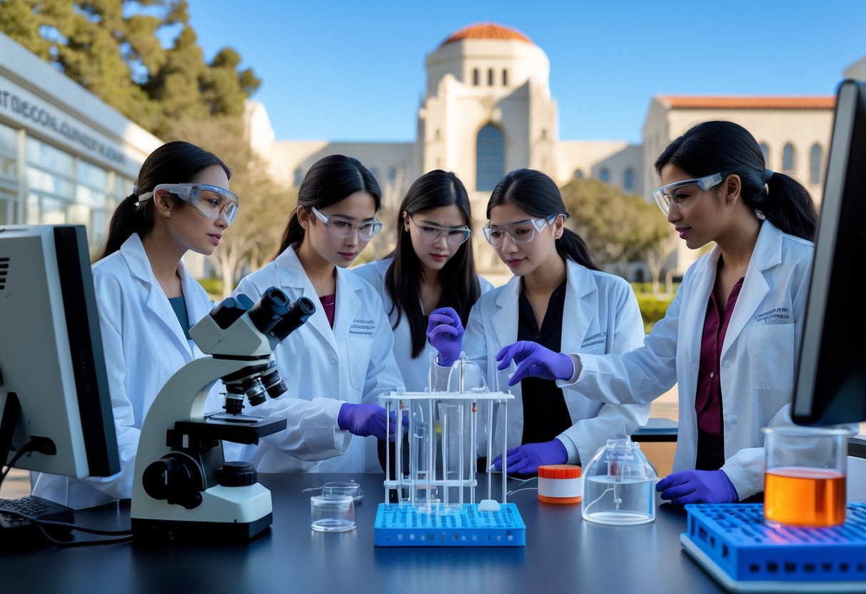 A group of diverse young women working together in a science laboratory on the Caltech campus.