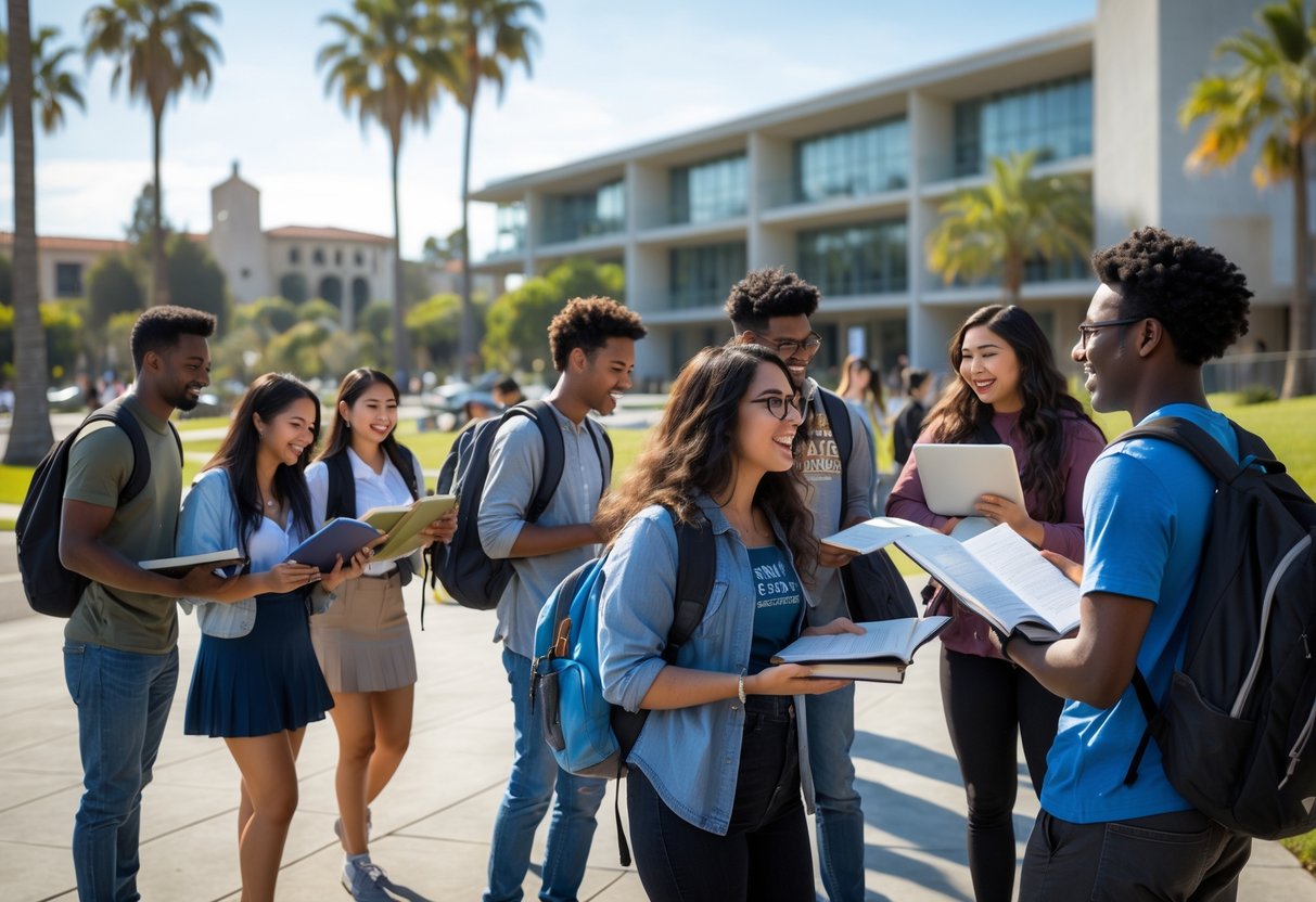 A group of diverse university students studying and collaborating outdoors on a sunny campus with modern buildings and palm trees in the background.