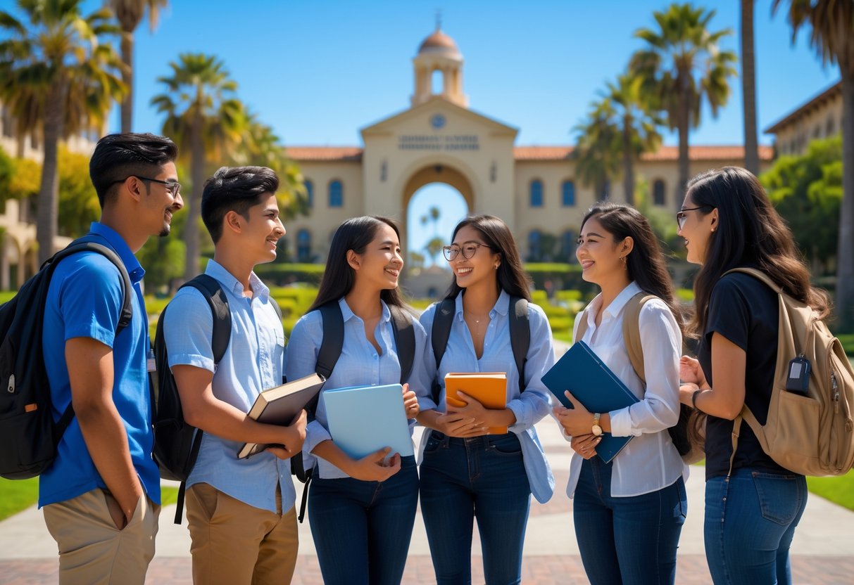 A diverse group of international students smiling and talking together outdoors on a university campus with palm trees and buildings in the background.