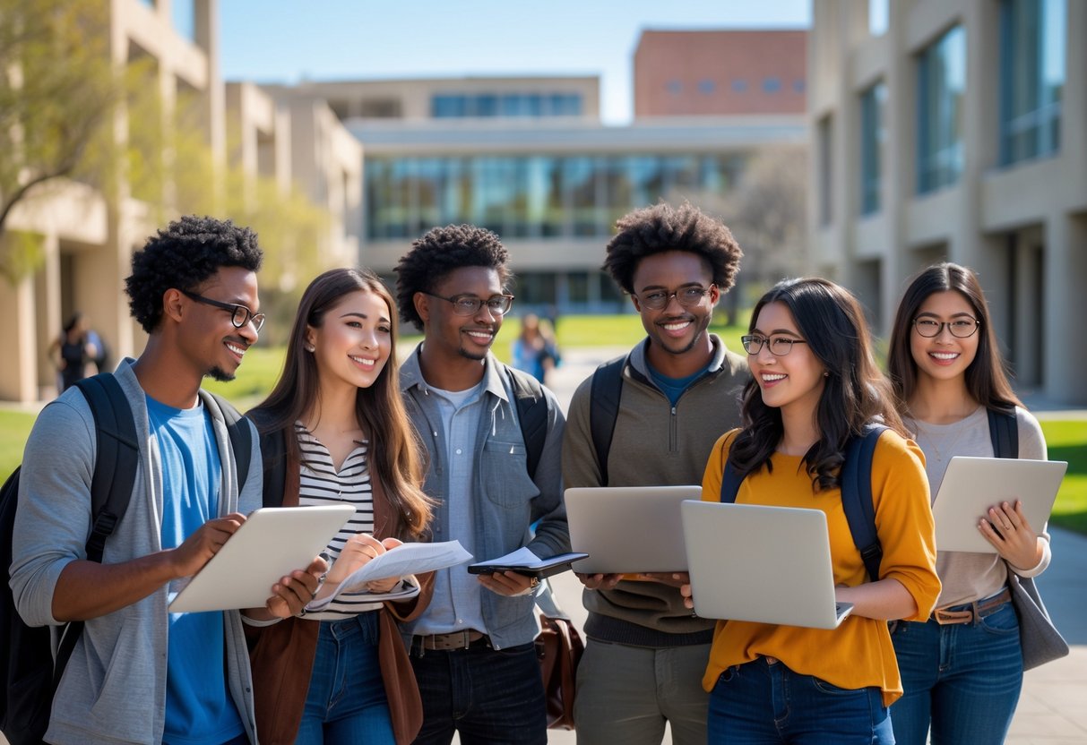 A group of diverse college students studying and collaborating outdoors on a sunny university campus with modern buildings in the background.