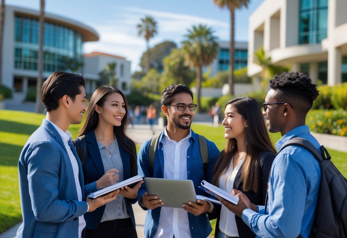 A diverse group of graduate students talking and working together outdoors on a university campus with buildings and trees in the background.