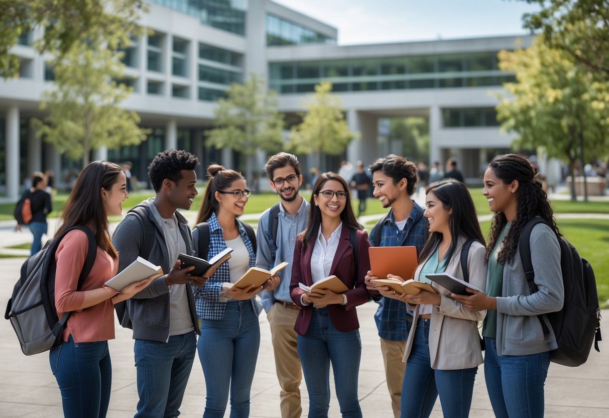 A group of diverse students studying and discussing together outdoors on a sunny day at a modern university campus.