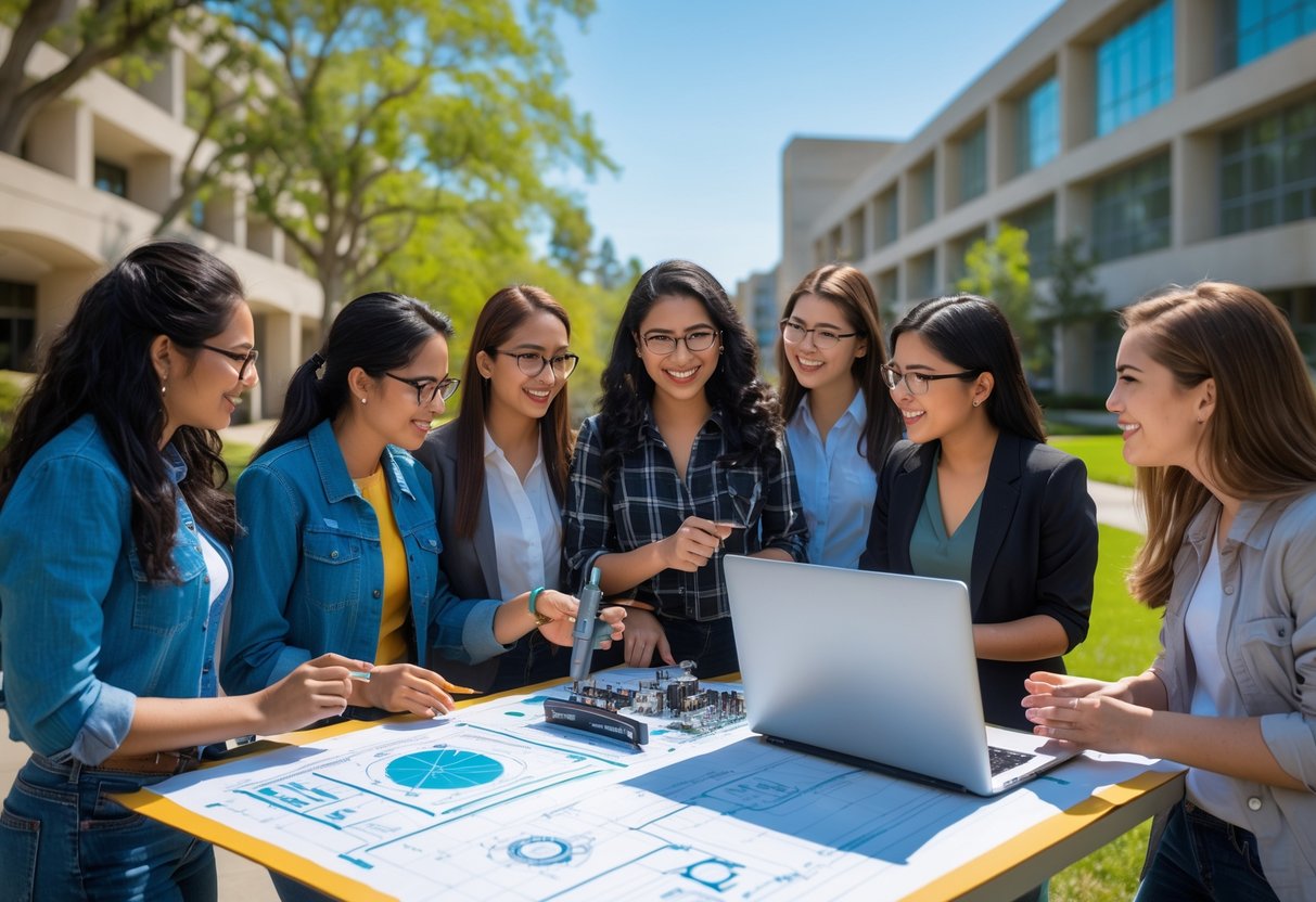 A group of young women engineers working together outdoors on a university campus with laptops and blueprints.