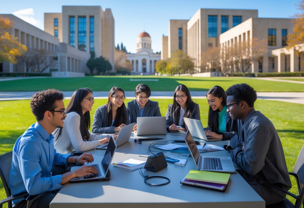 A group of diverse college students studying together outdoors on a university campus with modern buildings and green lawns in the background.