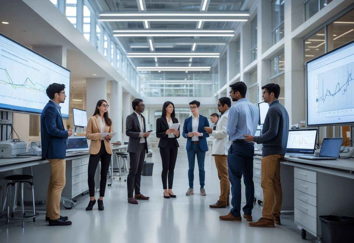 A group of diverse graduate students collaborating in a bright university lab with scientific equipment and digital screens showing energy data.