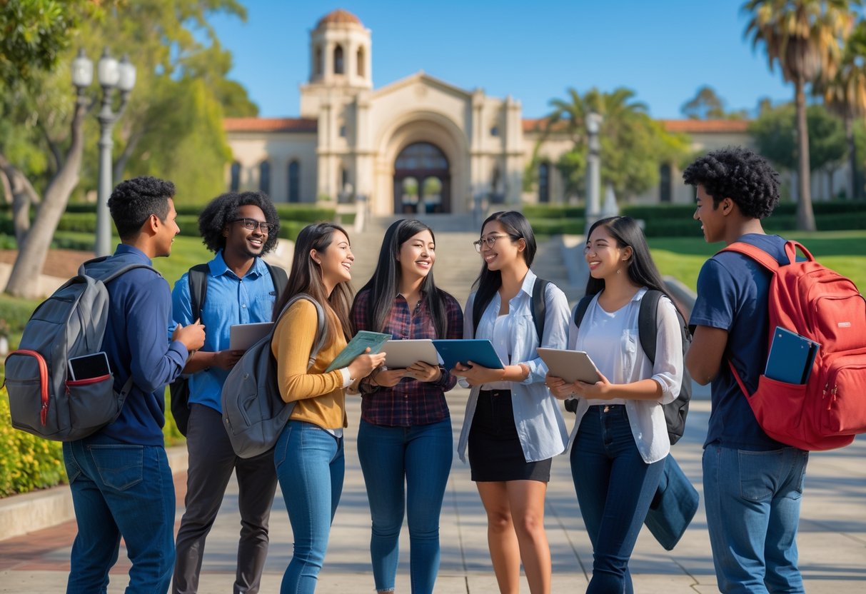 A diverse group of university students studying and talking together outdoors on a sunny day at the University of California Santa Barbara campus.
