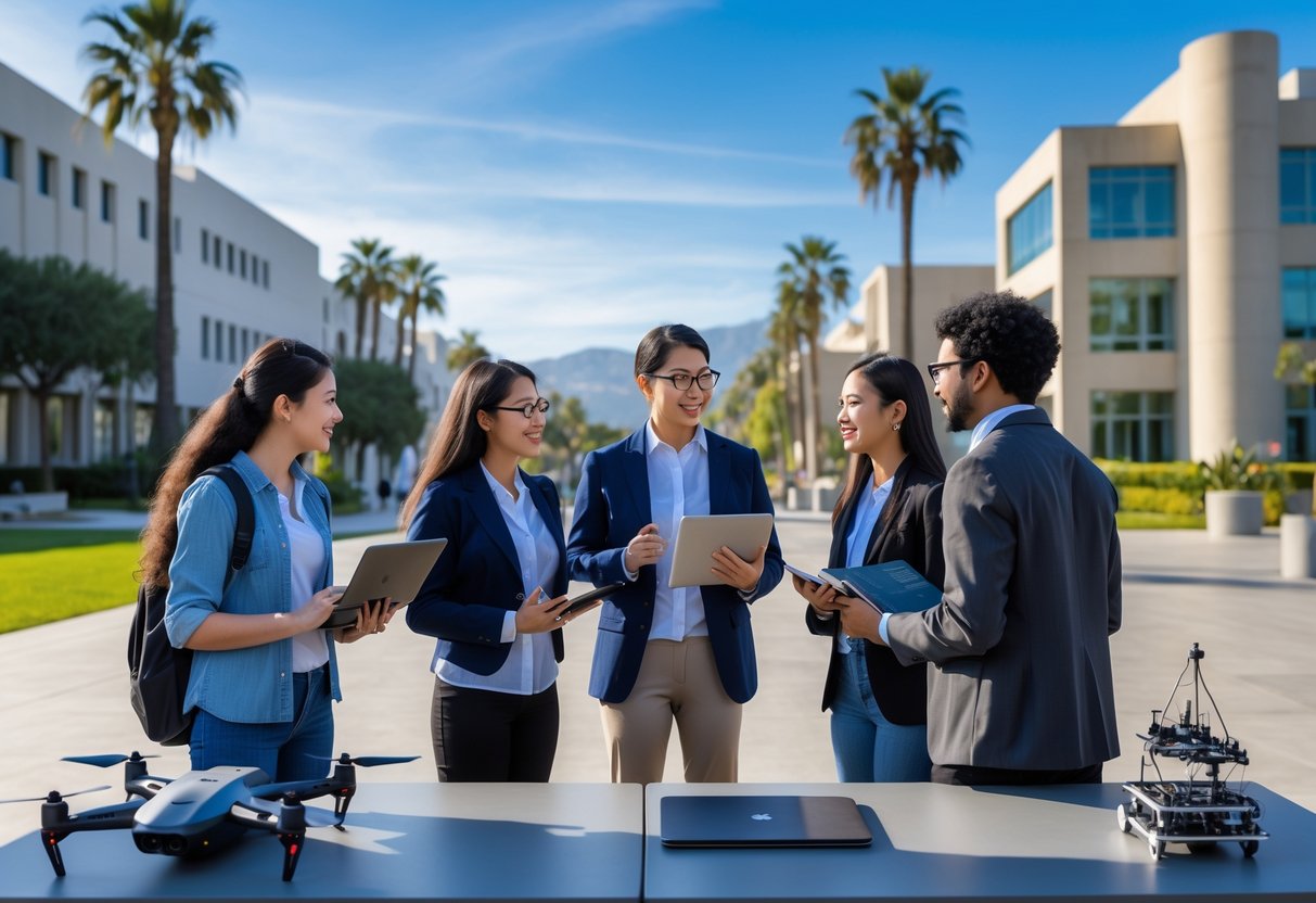 A group of graduate students discussing outside on a university campus with modern buildings and palm trees in the background.