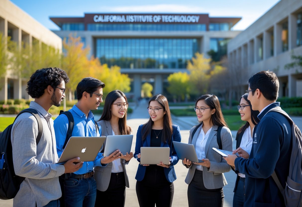 A group of diverse graduate students collaborating outdoors on a university campus with modern buildings and greenery in the background.