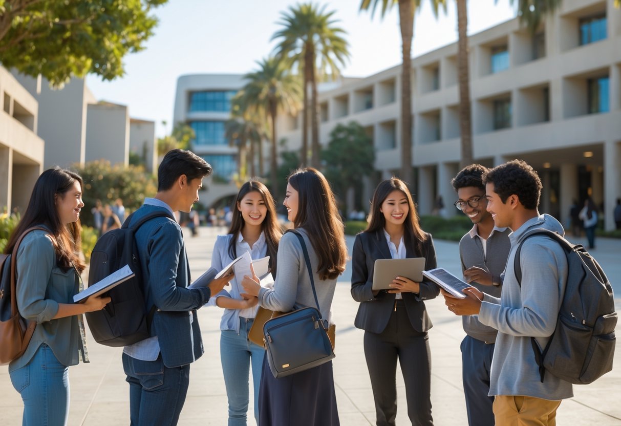 A group of graduate students studying and discussing outdoors on the University of California Santa Barbara campus with modern buildings and palm trees in the background.