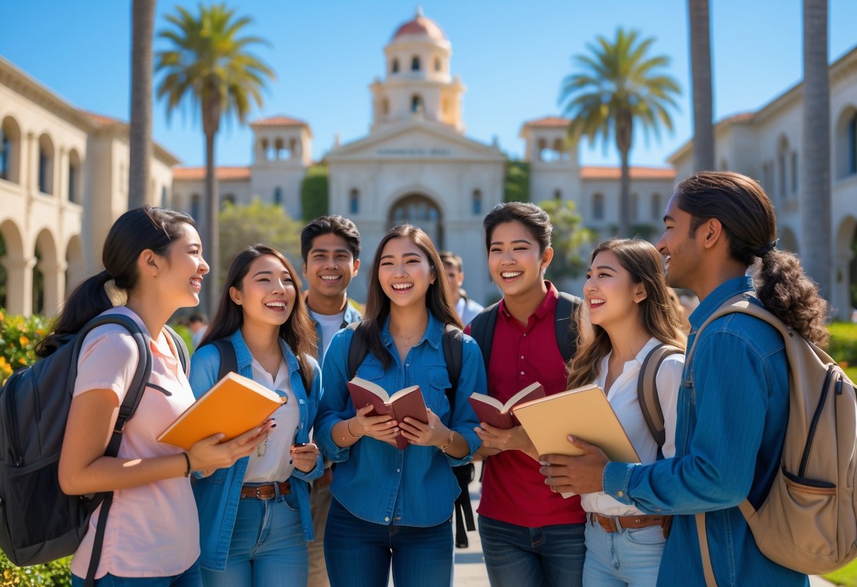 A group of diverse college students smiling and talking outdoors on a university campus with palm trees and buildings in the background.