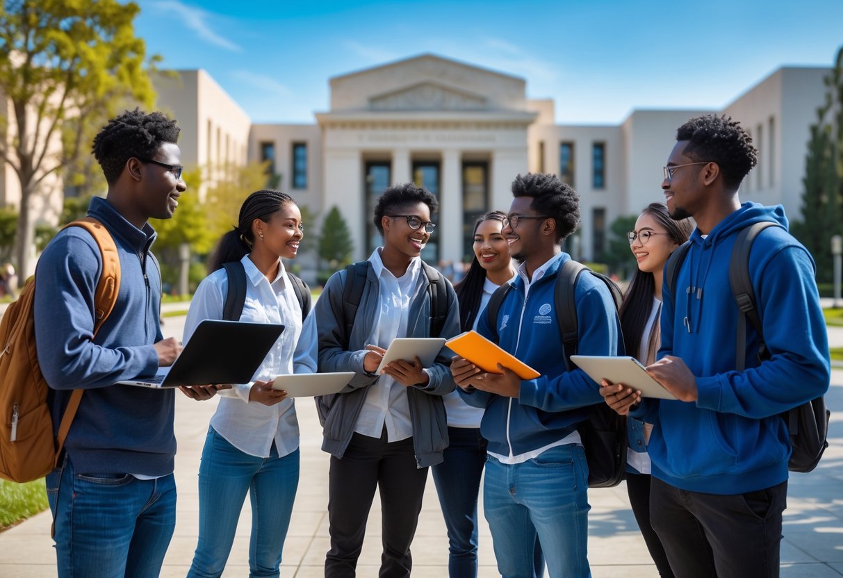 A group of diverse Black engineering students collaborating outdoors on a university campus with modern buildings and greenery in the background.