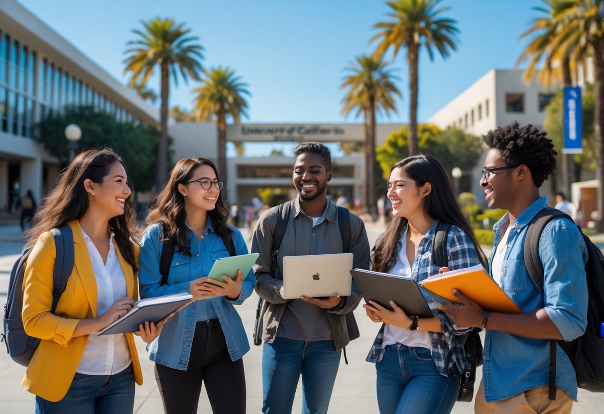 A group of diverse university students studying together outdoors on a sunny campus with modern buildings and palm trees in the background.