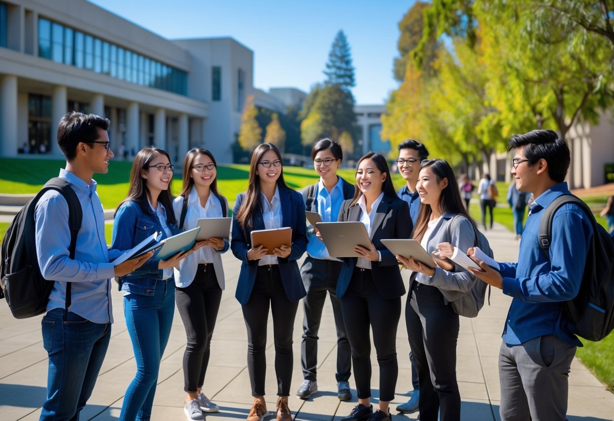 A group of diverse undergraduate students talking and studying together outdoors on a sunny day at a university campus.