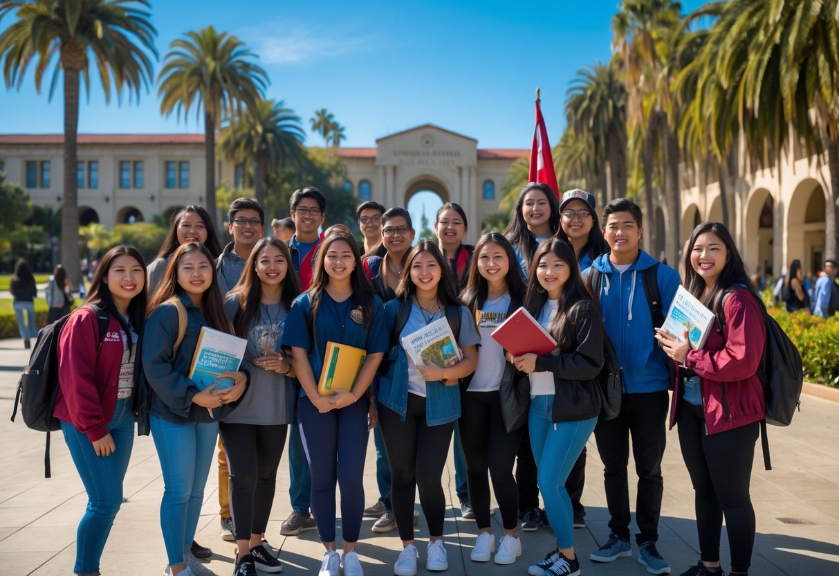 A group of Native American university students smiling and holding books outdoors on a sunny day at a university campus with palm trees and buildings in the background.