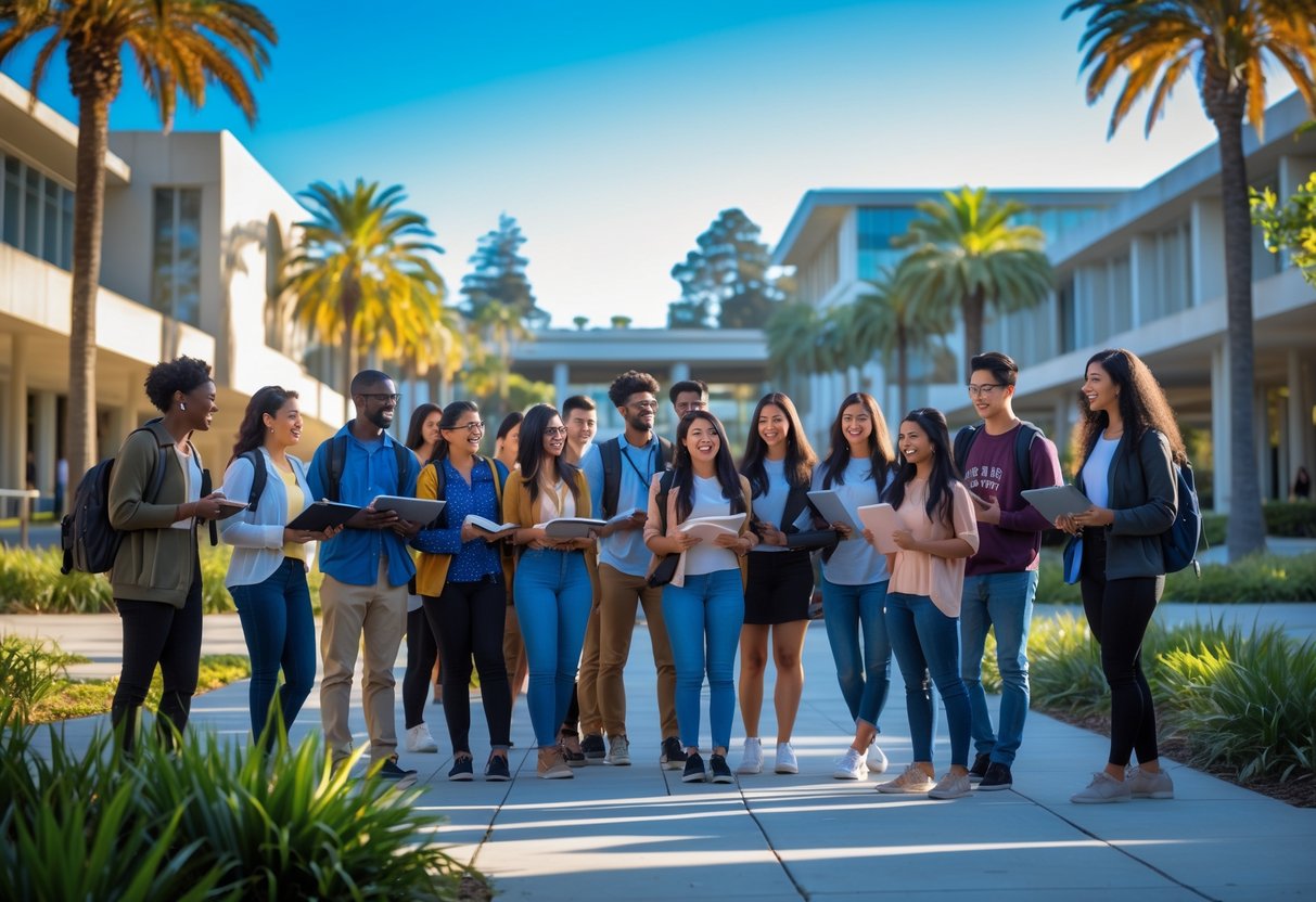 A diverse group of university students studying together outdoors on a sunny university campus with modern buildings and palm trees.