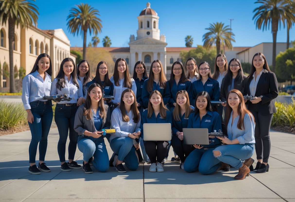 A group of young women engineers smiling and holding laptops and tools outdoors on a university campus with palm trees and buildings in the background.