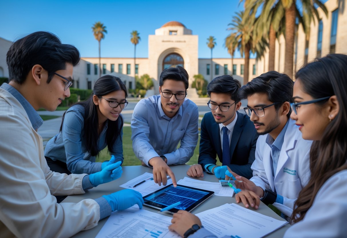 A group of graduate students collaborating outdoors on a university campus with modern buildings and palm trees in the background.